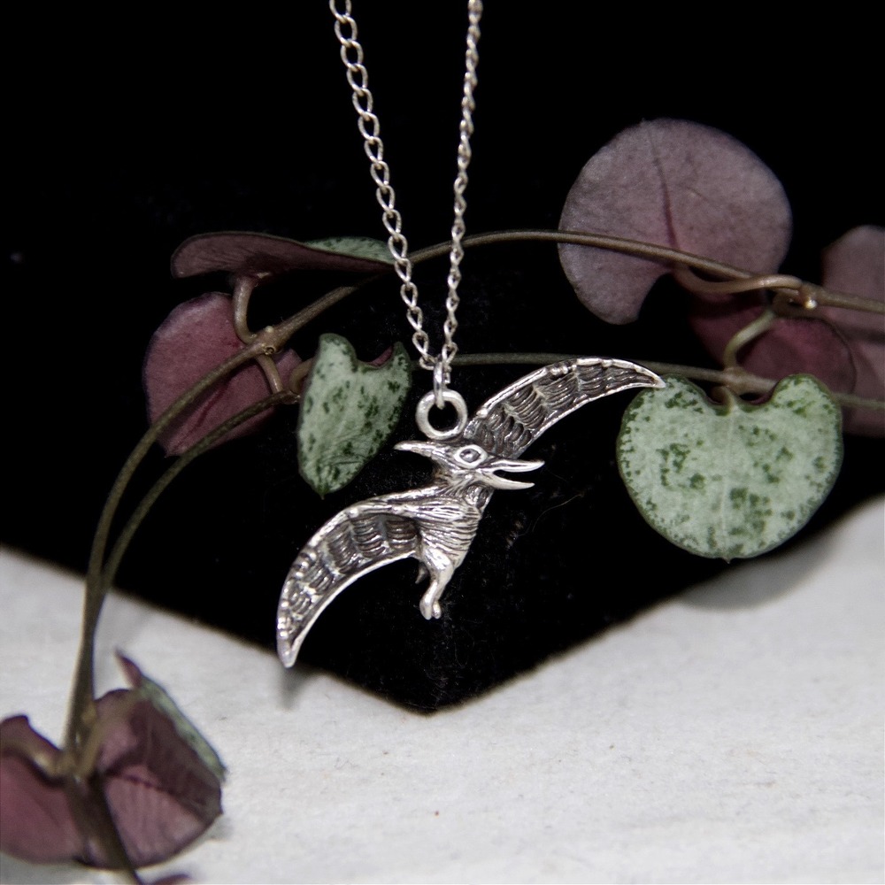 Sterling Silver Pterodactyl Dinosaur Pendant Necklace 18 Inch Chain Flying dino